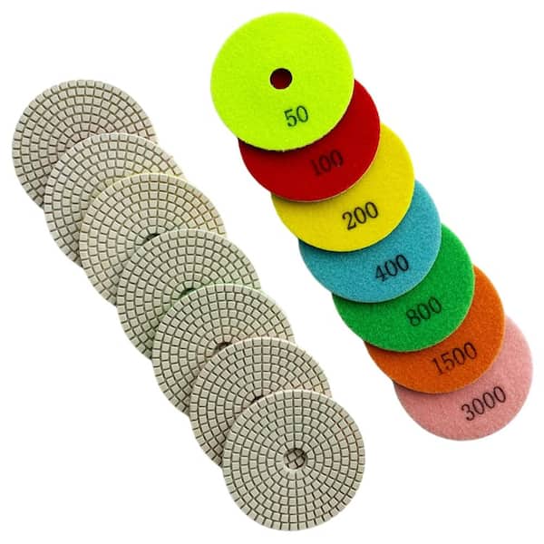 4 in. Wet Diamond Polishing Pads White Resin for Granite, Marble, Concrete 7pc Set 50,100,200,400,800,1500,3000 Grit