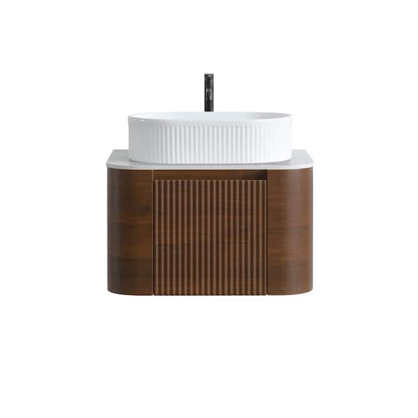 24-Inch Wall-Mounted Bathroom Vanity with Sink, Walnut Cabinet, Single White Ceramic Basin, Towel Rack Included