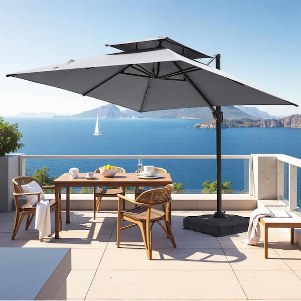 Pellebant 10 ft. Square Dual-Top Aluminum 360° Rotation Offset Outdoor Cantilever Patio Umbrella in Dark Gray with Fillable Base