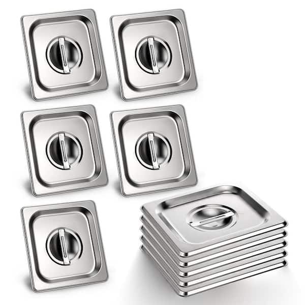 7 in. x 6.5 in. 1/6 Size Stainless Steel Food Pan Lids with Handles for Fruits Vegetables Buffet, Silver (10-Pack)