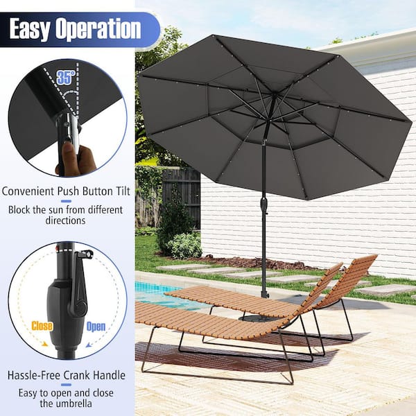 10 ft. Steel Market Solar Patio Umbrella with 32 LED Lights 3-Tier Vented Top in Gray