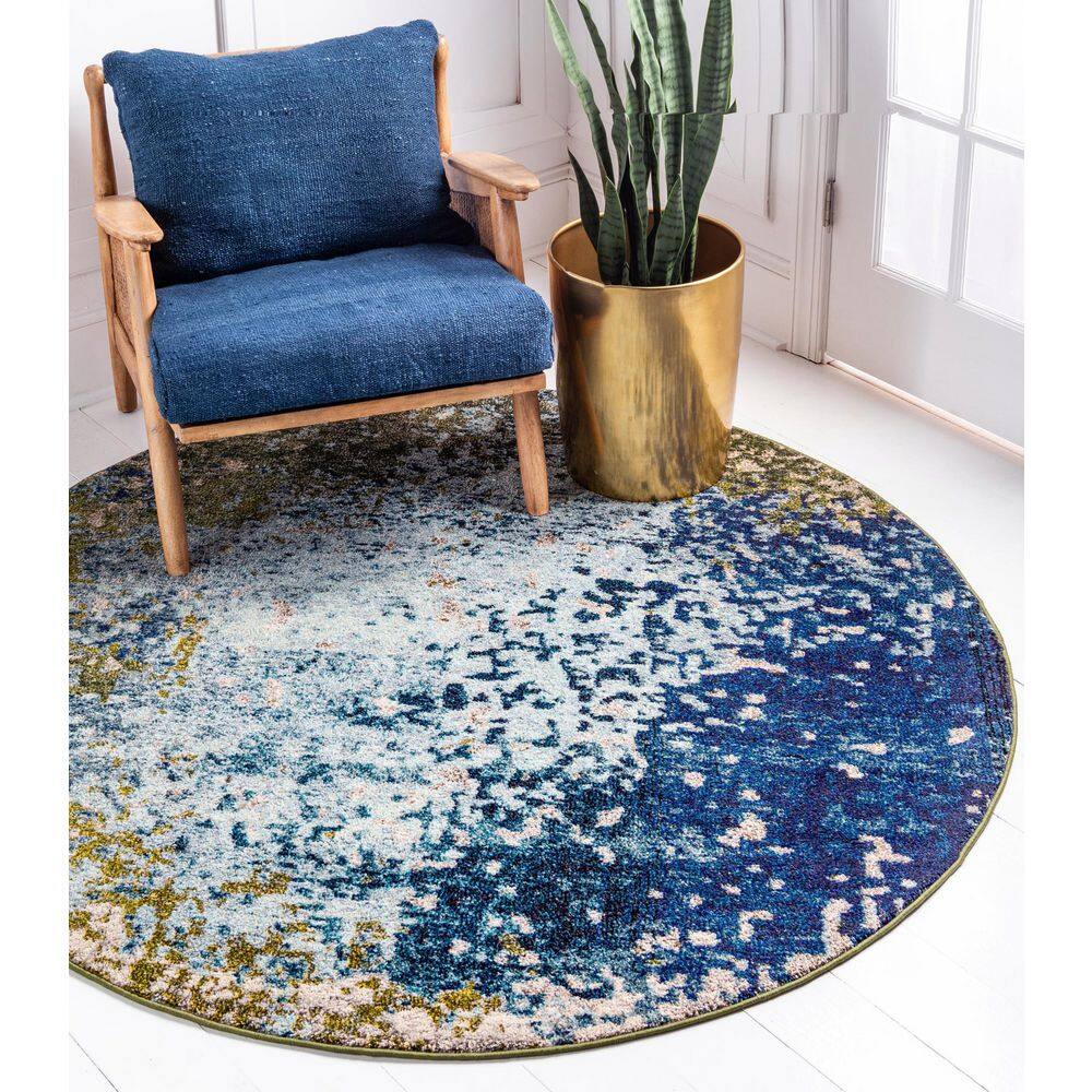Round Blue Synthetic Easy Care Stain-Resistant Rug 6' x 6'