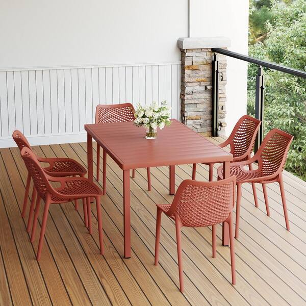 Frond and Form Modern Outdoor Patio 7-Piece Rectangular Iron Table Dining Set w/ Plastic Stackable Chairs, Red