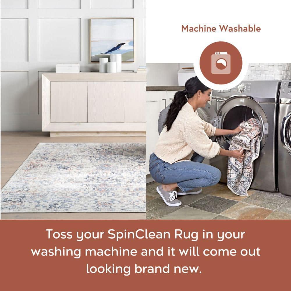 Everlee Faded Persian Blue and Beige Washable Area Rug