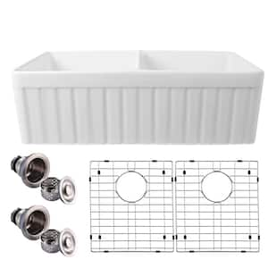 33 in. Farmhouse Apron Front Undermount Double Bowl White Fireclay Kitchen Sink with Grid and Strainer