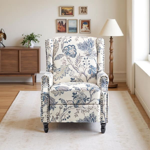 Plants Blue Linen Nailhead Trim Upholstered Manual Recliner Chair with Adjustable Footrest(Set of 1)