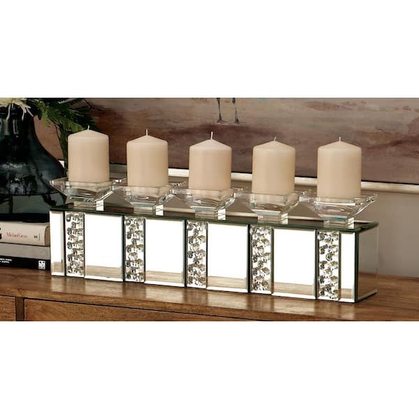 7 in. Silver Glass Pillar 5 Plate Candelabra with Mirrored Accents and Crystals