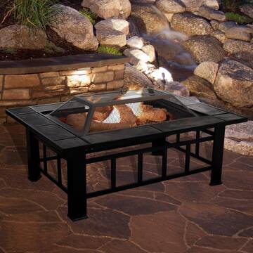 37 in. Steel Rectangular Tile Fire Pit with Cover
