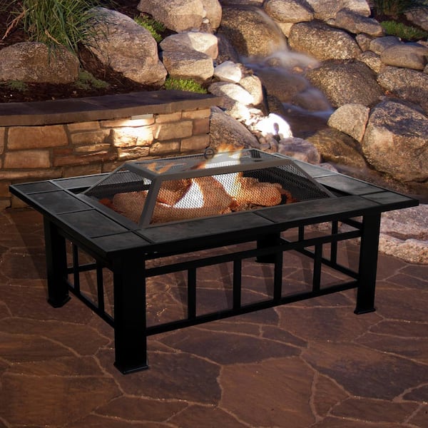 37 in. Steel Rectangular Tile Fire Pit with Cover