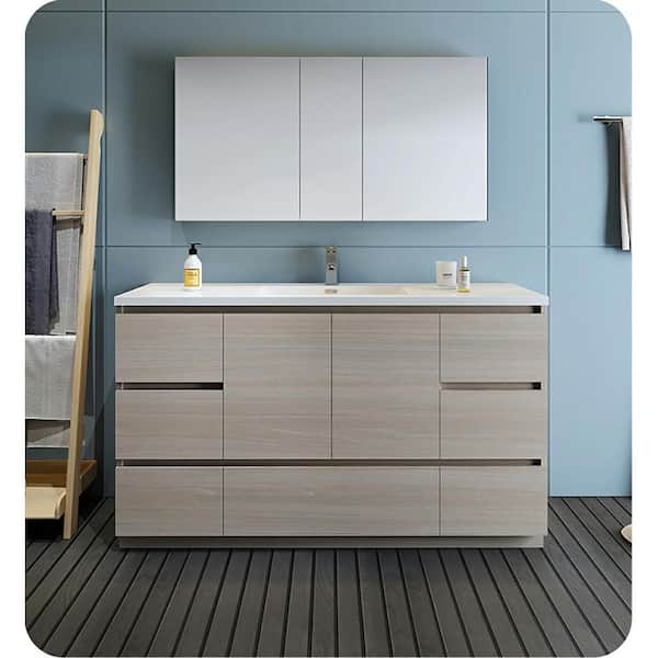 Lazzaro 60 in. Modern Bathroom Vanity in Gray Wood with Vanity Top in White with White Basin