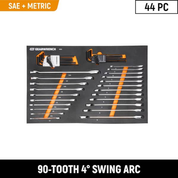 GEARWRENCH 44pc 90T SAE/Metric Combination Ratcheting Wrench & Long Arm Hex Key Set with EVA Foam Tray
