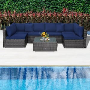 7-Piece Wicker Patio Conversation Set Rattan Furniture Set with Navy Sectional Sofa Cushioned