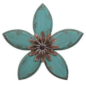 Victoria Distressed Teal and Red Antique Flower MetalWall Decor