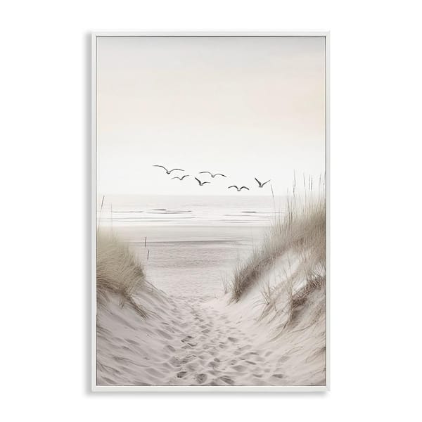 Seagulls over Sandy Footprints by Decent Exposures White Framed Giclee Coastal Art Print 30 in. x 20 in.