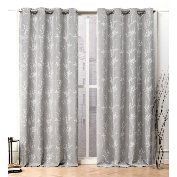 NICOLE MILLER NEW YORK Turion Ash Grey Floral Woven Room Darkening Grommet Top Curtain, 52 in. W x 84 in. L (Set of 2)