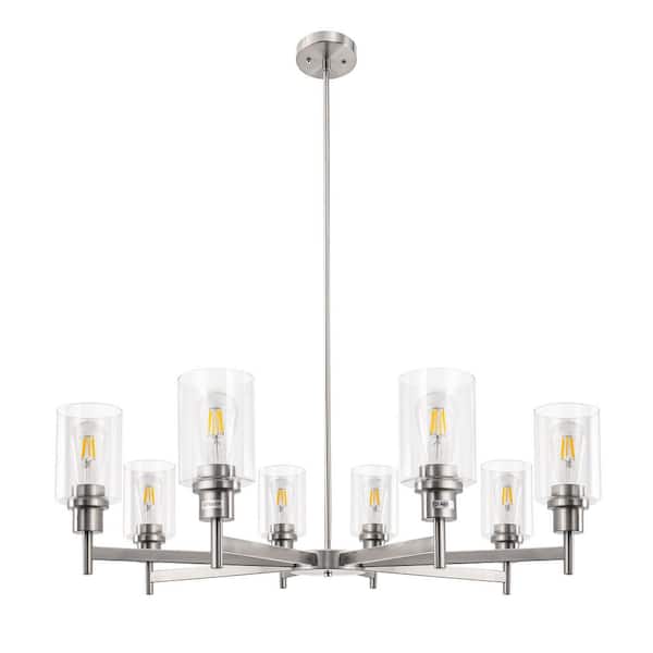 31. 5in. 8-Light Brushed Nickel Candle Chandelier Pendant Light with Clear Cylindrical Glass Shades and E26 Base