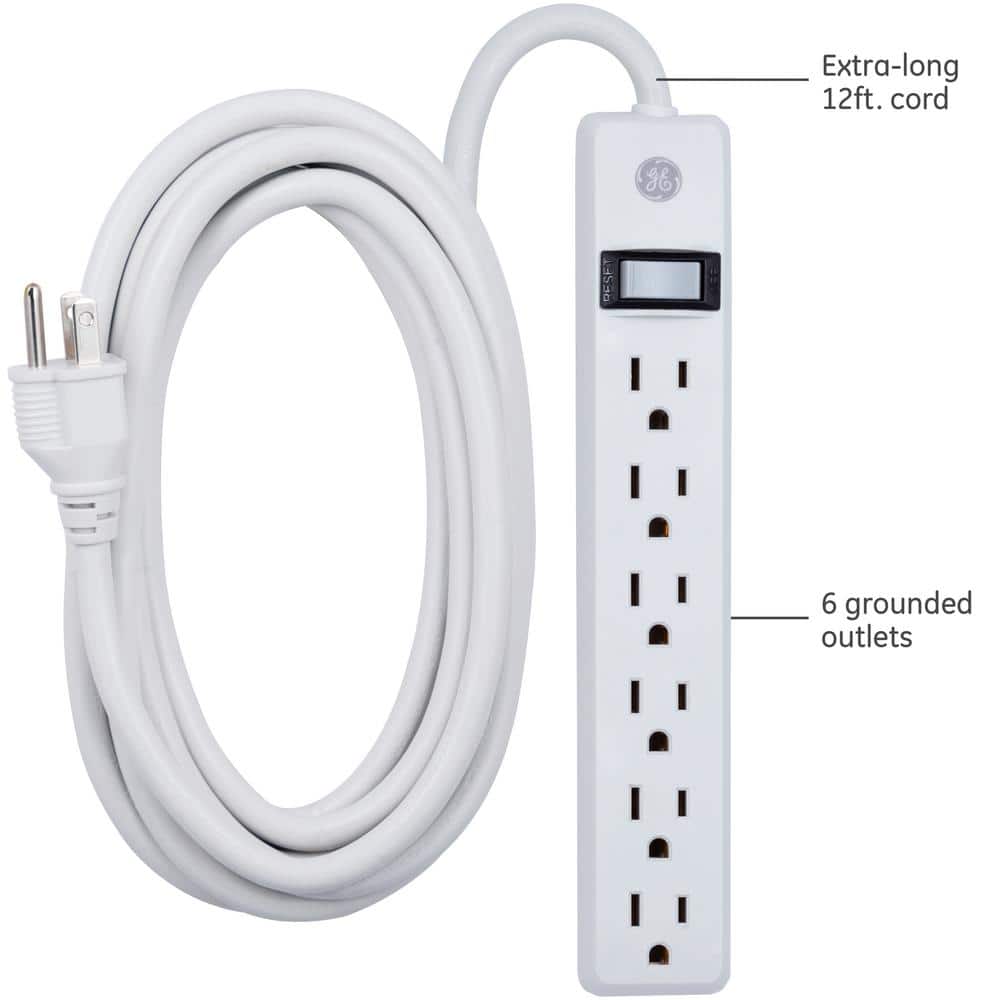 White 12ft PVC 6-Outlet Power Strip with Circuit Breaker