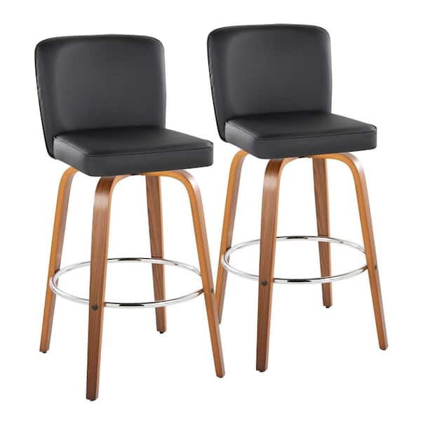 Henry 30 in. Walnut Wood and Black Faux Leather Fixed-Height Xl Barstool with Round Footrest (Set of 2)