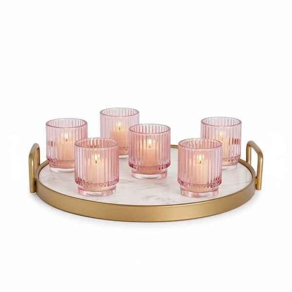 Pink Glass Tealight Candle Holders 6-Pack, Votive Candle Holder Set, Boho Home Decor