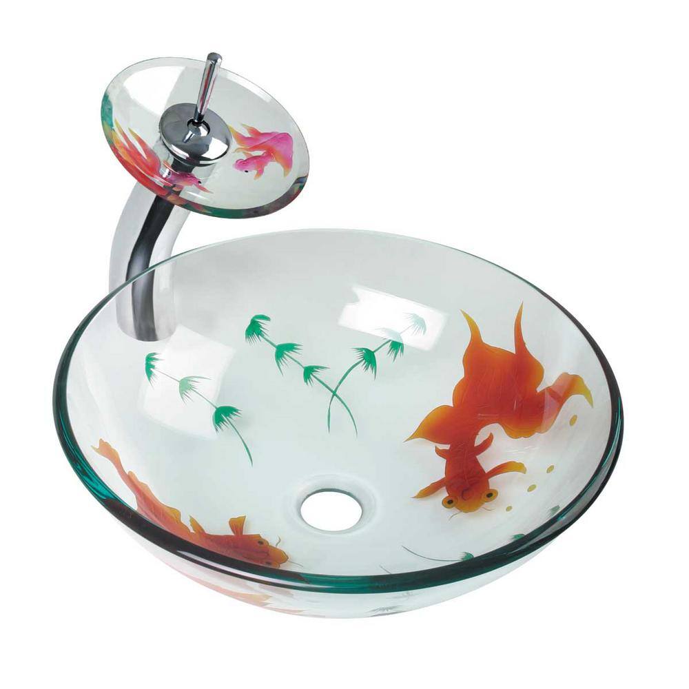 Koi Fish 16-1/2 in. Round Glass Vessel Bathroom Sink Combo Clear Design with Chrome Waterfall Faucet price history on PriceWatchPro