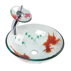 Koi Fish 16-1/2 in. Round Glass Vessel Bathroom Sink Combo Clear Design with Chrome Waterfall Faucet
