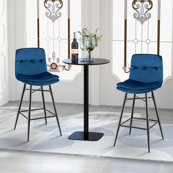 Costway 28.5 in. Metal Blue Low Back Velvet Bar Stools Bar Height Kitchen Dining Chairs with Metal Legs Set of 2