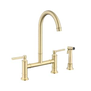 Double Handle Bridge Kitchen Faucet With Side Sprayer, Deck Mount 3 Holes Kitchen Sink Faucet in Brushed Gold