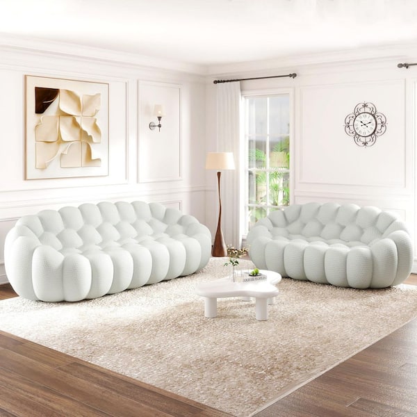 Modern (2-Piece) Gray Mesh Fabric Living Room Set Curved Bubble Couch Floor Sofa Set, No Assembly Required