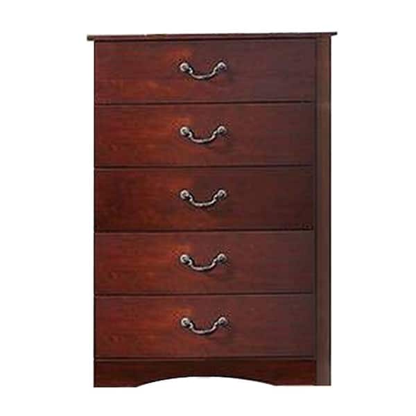 Benjara 5-Drawer Cherry Brown Pine Wood Tall Dresser Chest