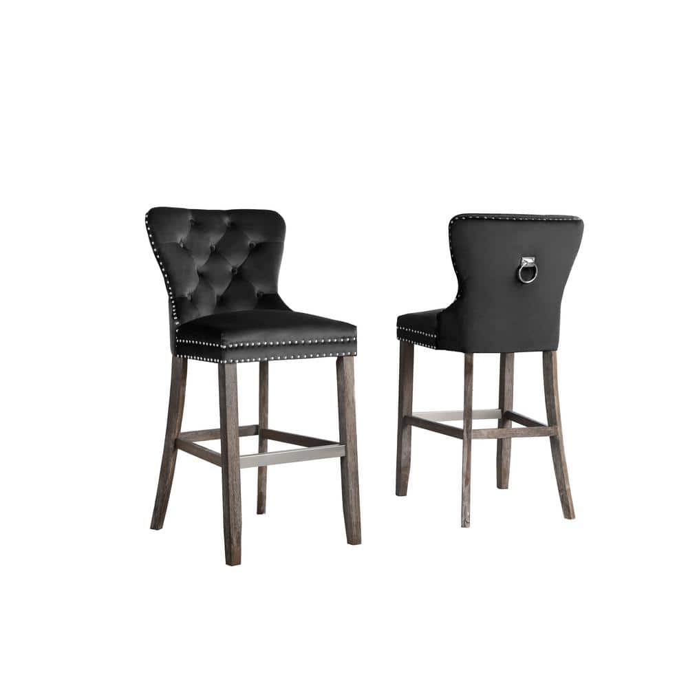 Black Velvet Tufted Bar Stools with Wood Legs and Chrome Footrest (Set of 2)
