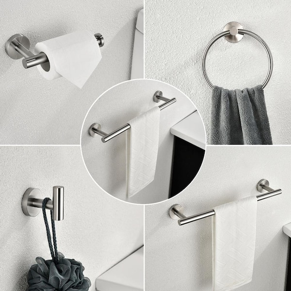 Self Adhesive Towel Bar, JiGiU Bathroom Hardware Set Include 16-Inch Bath  Towel Bar,Toilet Paper Holder Towel Ring & 3 Packs Towel Hooks Stainless