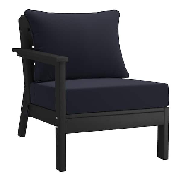 WESTIN OUTDOOR Birchwood Outdoor Patio Deep Seating Left Facing Arm HDPE Lounge Chair in Black with Navy Blue Cushions