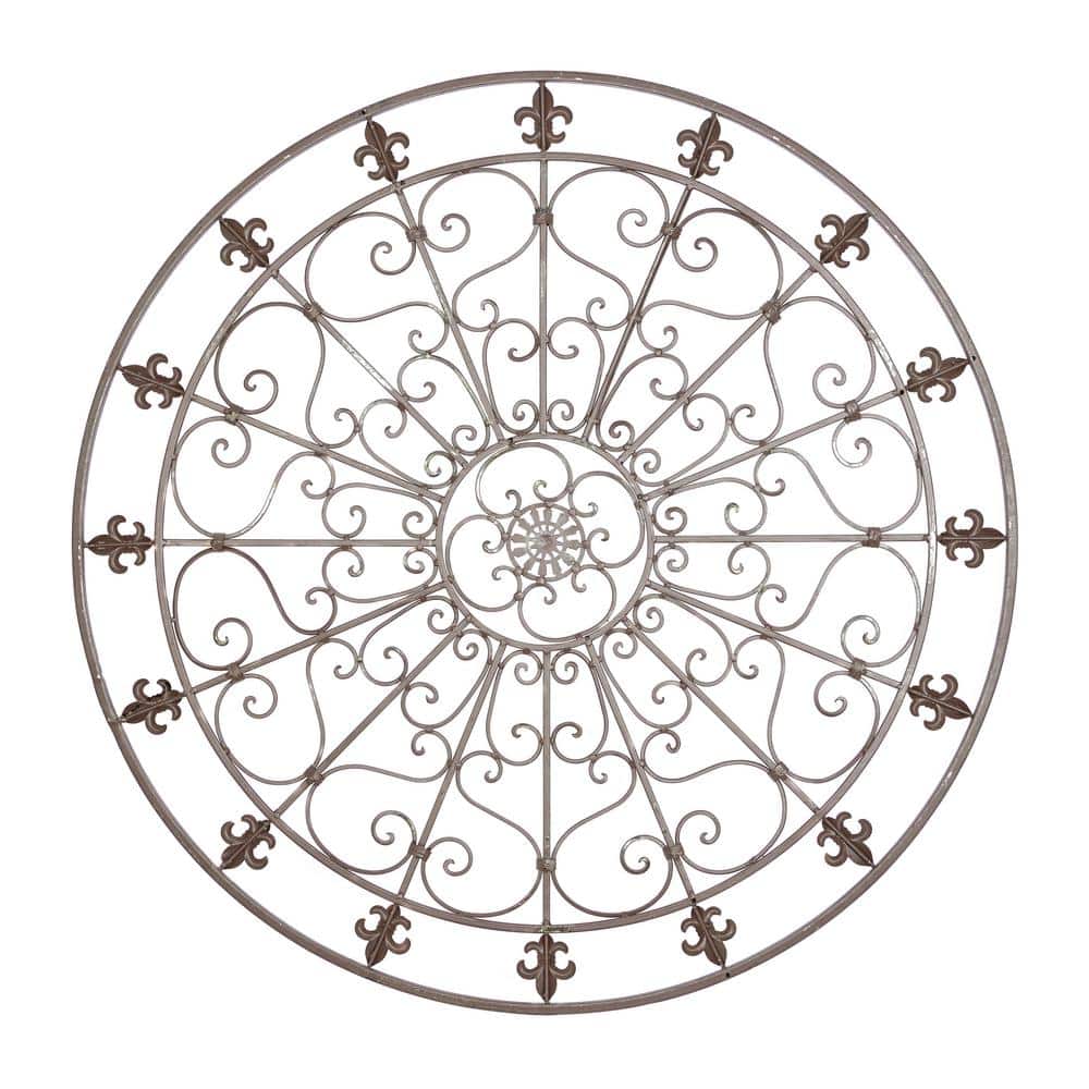 Black Iron Scrollwork and Fleur De Lis Round Wall Sculpture