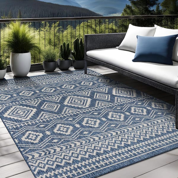 Waikiki Blue/White 5 ft. x 7 ft. Moroccan Geometric Washable Modern Indoor Outdoor Area Rug
