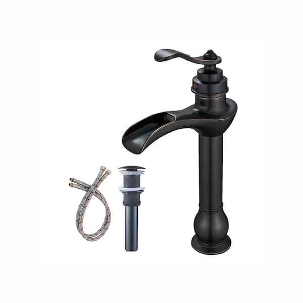 FORCLOVER Single Handle Waterfall Single Hole Bathroom Vessel Sink Faucet with Pop-Up Drain Assembly in Oil Rubbed Bronze