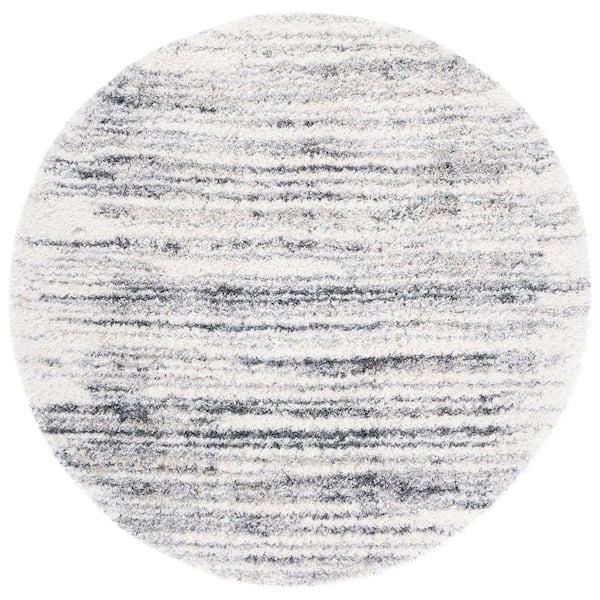 Fontana Shag 10 ft. x 10 ft. Round Ivory/Gray Distressed Striped Area Rug
