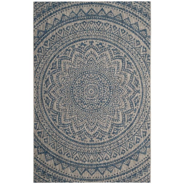 SAFAVIEH Courtyard Light Gray/Blue 5 ft. x 8 ft. Border Indoor/Outdoor Patio  Area Rug