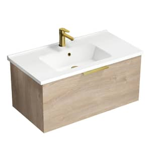 Bodrum 33.46 in. W x 17.72 in. D x 16.14 in. H Modern Bathroom Vanity in Brown Oak With White Ceramic Top