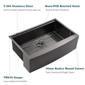 33 in Farmhouse/Apron-Front Single Bowl Black Stainless Steel Kitchen Sink with Bottom Grid and Cutting Board