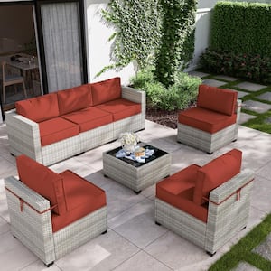 7-Piece Wicker Outdoor Sectional Set with Terra Red Cushion
