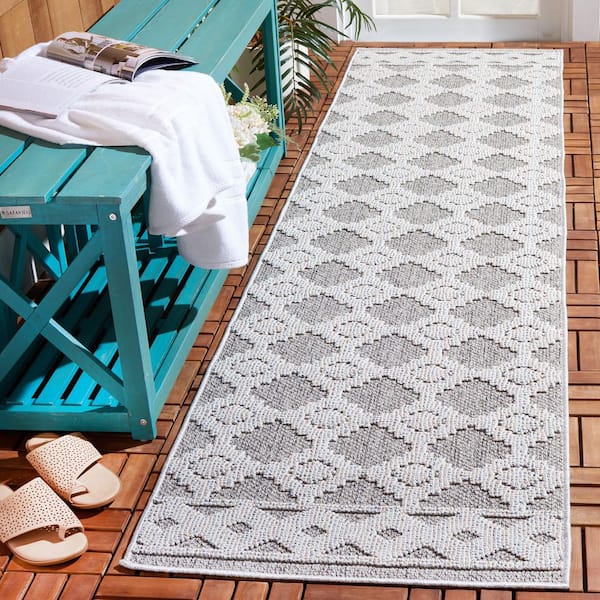 Global Gray/Ivory 2 ft. x 8 ft. Diamond Ornate Border Indoor/Outdoor Runner Rug