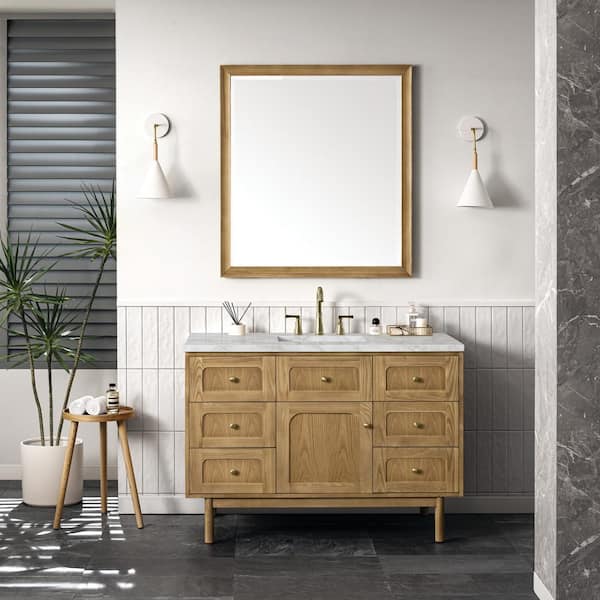 James Martin Vanities Laurent 48.0 in. W x 23.5 in. D x 34.2 in. H Single Bathroom Vanity Light Natural Oak and Victorian Silver Quartz Top