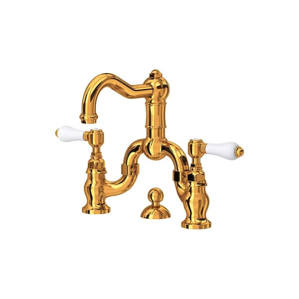 ROHL Acqui 8 in. Widespread Double Handle Bathroom Faucet with Drain Kit Included in Italian Brass