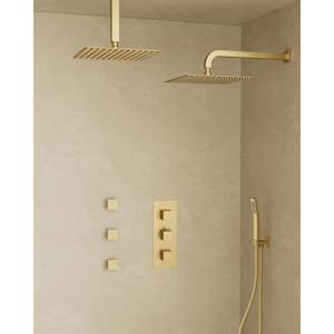 Thermostatic Valve 8-Spray 12 in. x 12 in. Dual Wall Mount and Handheld Shower Head 2.5 GPM in Brushed Gold