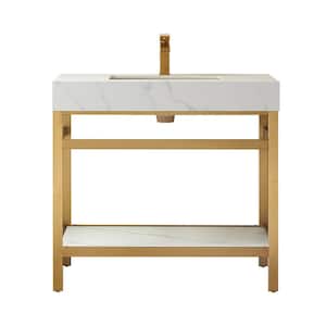 Funes 36 in. W x 22 in. D x 33.9 in. H Single Sink Bath Vanity in Brushed Gold Metal Stand with White Sintered Stone Top