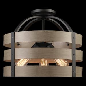 Maddox 16 in. 3-Light Matte Black Flush Mount Ceiling Light with Faux Wood Shade