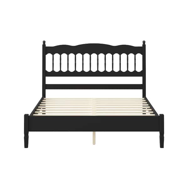 Black Queen Wood Bed Frame with Spindle Headboard Heavy-Duty Platform Bed with Slats Support, No Box Spring Required