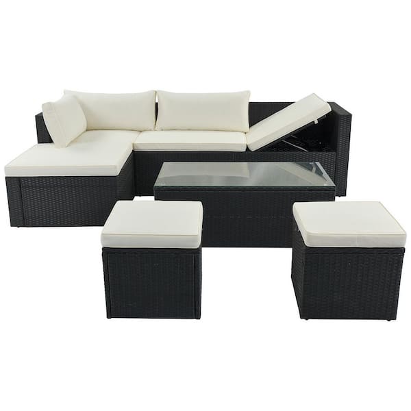 Tunearary 5-Piece Wicker Outdoor Sectional Set with Removable Beige Cushions and Glass Tabletop