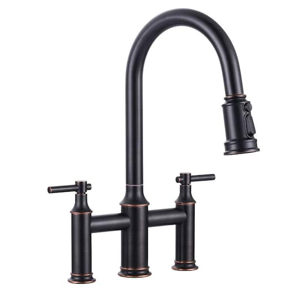 Pull Down Sprayer Double Handle Bridge Kitchen Faucet in Oil Rubbed Bronze