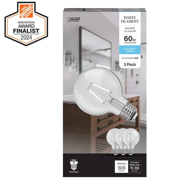 60-Watt Equivalent G25 Globe Dimmable White Filament Clear Glass E26 LED Vintage Edison LIght Bulb Daylight 5000K 3-Pack